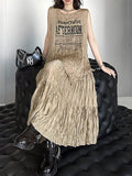 Momentlover Pleated Letter Print Asymmetric Sleeveless Loose Round-Neck Vest Top