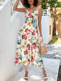 Momentlover Flower Print Elasticity Sleeveless High Waisted V-Neck Midi Dresses