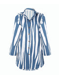 Momentlover Striped Buttoned Loose Long Sleeves Lapel Shirt Dress Mini Dresses