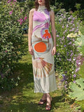Momentlover Split-Back Flower Print Sleeveless High Waisted Mock Neck Maxi Dresses