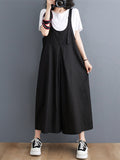 Momentlover Solid Color Buttoned Wide Leg Ninth Pants Spaghetti-Neck Overalls