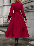 Momentlover Solid Color Pleated Elasticity Loose Long Sleeves V-Neck Midi Dresses