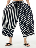 Momentlover Striped Split-Joint Polka-Dot Elasticity Contrast Color Wide Leg Loose Pants Cropped Trousers
