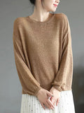 Momentlover Solid Color See-Through Loose Long Sleeves Round-Neck Sweater Tops