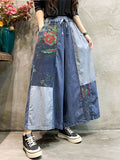 Momentlover Casual Wide Leg Loose Color-Block Bandage Embroidered Jean Pants Bottoms
