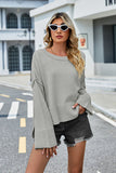 Momentlover High-Low Slit Round Neck Long Sleeve Sweater
