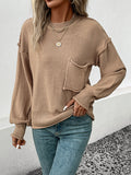 Momentlover Split-Joint Solid Color Pockets Loose Long Sleeves Round-Neck Sweater Tops Pullovers