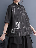 Momentlover Split-Joint Printed Contrast Color Short Sleeves Loose Lapel Blouses