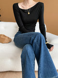 Momentlover Solid Color Skinny Long Sleeves Asymmetric Collar T-Shirts Tops