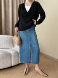 Momentlover Buttoned Asymmetric Loose Long Sleeves V-neck Sweater Tops