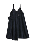 Momentlover Solid Color Pockets Buttoned Asymmetric Adjustable Sleeveless Loose Spaghetti-Neck Midi Dresses