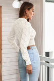 Momentlover Openwork Plaid Round Neck Cropped Sweater