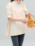 Momentlover Solid Color Pleated Bowknot Loose Half Sleeves Mock Neck Blouses&Shirts Tops