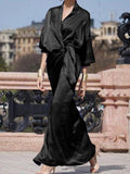 Momentlover Half Sleeves Loose Solid Color V-Neck Maxi Dresses