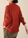 Momentlover Casual Loose Long Sleeves Solid Color High-Neck Sweater Tops