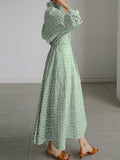 Momentlover Tied Waist Printed Pleated Loose Long Sleeves Lapel Shirt Dress