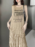 Momentlover Pleated Letter Print Asymmetric Sleeveless Loose Round-Neck Vest Top