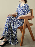 Momentlover Floral Printed Short Sleeves Loose V-Neck Maxi Dresses