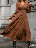 Momentlover Solid Color Pleated Elasticity Loose Long Sleeves V-Neck Midi Dresses