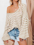 Momentlover Striped Drop Shoulder V-Neck Pullover Sweater