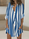Momentlover Striped Buttoned Loose Long Sleeves Lapel Shirt Dress Mini Dresses