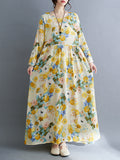 Momentlover Split-Joint Flower Print Loose Long Sleeves Round-Neck Midi Dresses