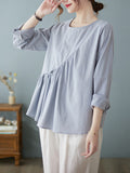 Momentlover Casual Loose Long Sleeves Solid Color Round-Neck T-Shirts Tops