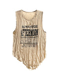 Momentlover Pleated Letter Print Asymmetric Sleeveless Loose Round-Neck Vest Top
