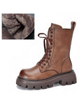 Momentlover Vintage Cow Leather Mid Heels Height Boots