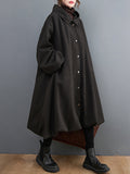 Momentlover Solid Color Pockets Buttoned Loose Long Sleeves Hooded Woolen Coat