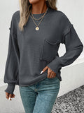 Momentlover Split-Joint Solid Color Pockets Loose Long Sleeves Round-Neck Sweater Tops Pullovers