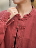 Momentlover Split-Joint Solid Color Pleated Chinese Frog Buttons Loose Batwing Sleeves Stand Collar Blouses