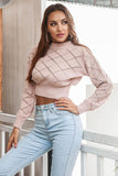 Momentlover Openwork Plaid Round Neck Cropped Sweater