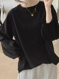 Momentlover Solid Color Pleated Puff Sleeves Loose Round-Neck T-Shirts Tops