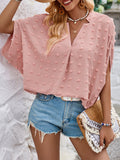 Momentlover Solid Color Jacquard Loose Half Sleeves V-Neck T-Shirts Tops