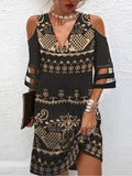 Momentlover Split-Joint Printed Mesh Hollow Plus Size Loose V-Neck Mini Dresses