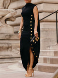Momentlover Loose Sleeveless Solid Color Split-Side Shawl Collar Long Skirts Maxi Dresses