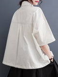 Momentlover Split-Joint Printed Contrast Color Short Sleeves Loose Lapel Blouses