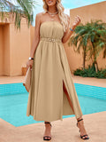 Momentlover Split-Front Pleated Elasticity Chains Sleeveless A-Line Tube Midi Dresses