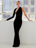 momentlover Stylish Skinny Asymmetric Hollow Backless One-Shoulder Maxi Dress