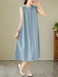 Momentlover Solid Color Pleated Buttoned Sleeveless A-Line Round-Neck Midi Dresses