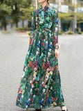 Momentlover Zipper Flower Print Elasticity Bowknot Loose Long Sleeves Round-neck Maxi Dresses