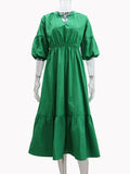 Momentlover Solid Color Pleated Elasticity Loose High Waisted V-Neck Midi Dresses
