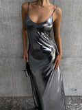 Momentlover Solid Color Shiny Sleeveless High Waisted Spaghetti-Neck Maxi Dresses