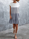 Momentlover Split-Joint Pleated Falbala Contrast Color Ruffle Sleeves Loose Round-Neck Mini Dresses