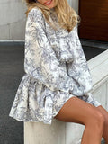 Momentlover Tied Waist Split-Joint Printed Pleated Puff Sleeves Loose Stand Collar Mini Dresses