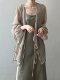 Momentlover Bishop Sleeve Long Sleeves See-Through Split-Joint Tied Collarless Blouses&Shirts Tops
