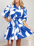 Momentlover Tied Waist Pleated Floral Printed Floral Contrast Color Puff Sleeves Loose Lapel Shirt Dress Mini Dresses