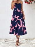Momentlover Floral Printed Contrast Color Sleeveless Loose Spaghetti-Neck Midi Dresses