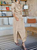 Momentlover Split-Front Solid Color Pleated Long Sleeves High Waisted Mock Neck Maxi Dresses